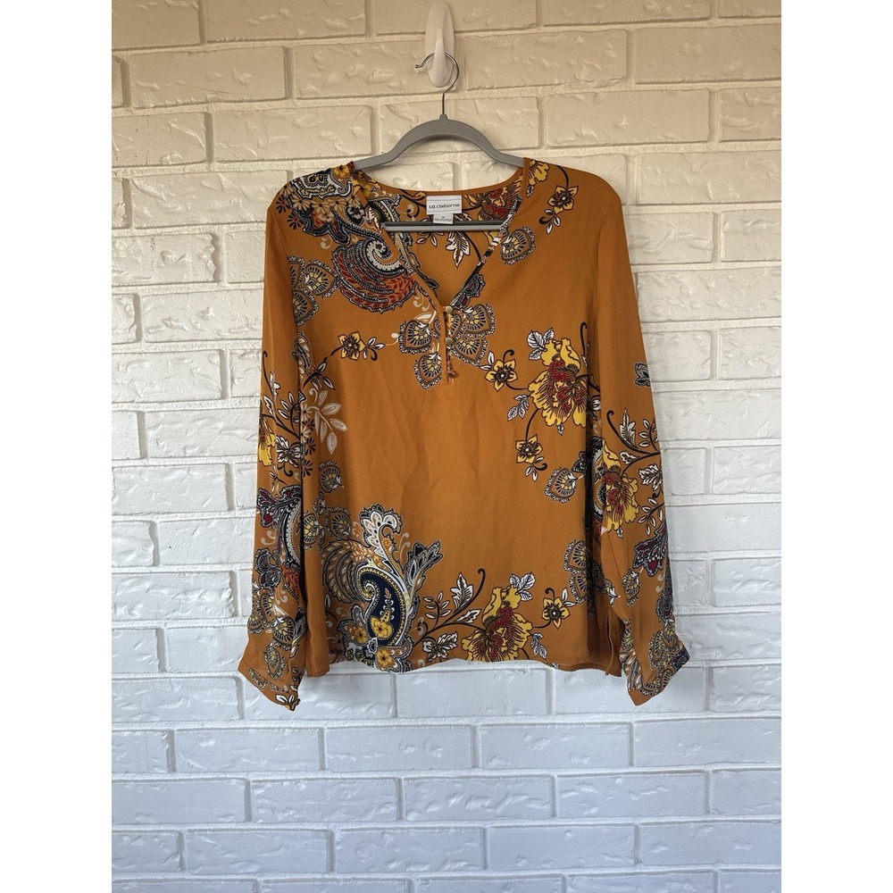 Liz Claiborne Mustard Paisley Boho Blouse Flowy Long Sleeve Cottagecore Top M
